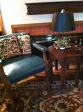 1 of 2 matching side chairs; small side table; decoy lamp