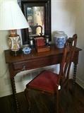     barley twist desk; desk chair; Asian decor; mirror