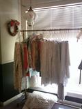 hanging lamp, table linens and curtains