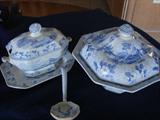 Blue transferware - covered bowl and small tureen with under plate and ladle