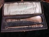 Victorian silver shoe horn and button hook - in original case