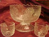 Early American pressed glass child's punch bowl & 2 cups in Nursery Rhyme pattern