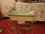 Wicker high wheel carriage for dolls