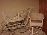 White stick and ball high wheel doll pram - child's white wicker chair