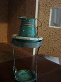 Miniature tin wash basin & stand in wire and enamel frame