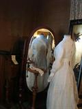 Victorian bride's dress, slip, hankie, shoes - reflected in an awesome dressmaker's mirror