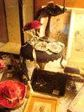 Antique doll bonnets, beaded bags, child's bonnet