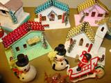 Putz village with mercury glass bead roofs - vintage Japanese snowmen hanging out