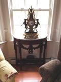 reproduction half marble top table, wonderful clock