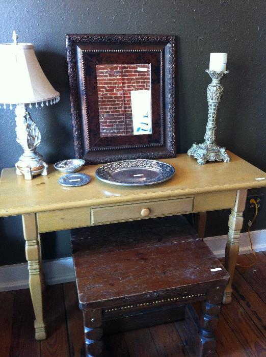   sofa table; lamps; candle sticks; mirrors; side table