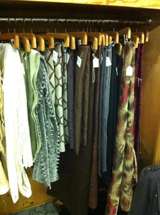    fabric selections; wooden hangers; display racks;