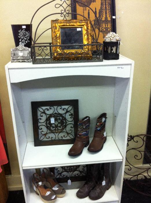   decorative items; shoes; boots; white display shelf