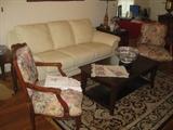 Off White leather Sofa, coffee table and end tables from Ashley furniture, barely used, wool rug & antique side chairs