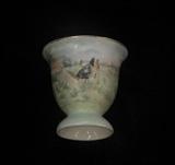 Limoges-hand-painted egg cup with rooster/barnyard scene.