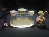 Cranberry glass bud vase, Nippon and other cups-enameled, hand-painted floral ewer, Nippon relish/celery tray-excellent gold.