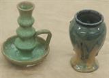 Selection form pottery-green triple waisted candlestick with fingerhold, Fulper (Flemington, NJ) vase.