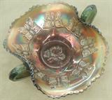 Fenton carnival glass green butterfly bonbon dish with advertising. 