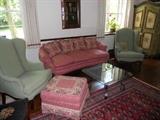 Pierre Deux sofa - pair of green wingback chairs