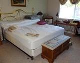 Brass King Bed, Lane Cedar Chest, Sofa Table, Bedding, & Quilt Stand 