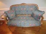 INVENTORY NO. 10...SMALL GILT WOOD SOFA UPHOLSTERED BLUE PRINTED COTTON