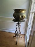INVENTORY NO. 8 & 9.  IRON STAND WITH LARGE BRASS POT WITH MELON RIBBED BODY