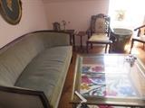 SHERATON STYLE SOFA, CARVED BACK PAIR OF CHAIRS, GLASS COFFEE TABLE, 