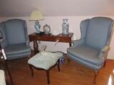 FINE MAHOGANY BAKER SOFA/WRITING TABLE BY BAKER, MATCHING WING CHAIRS, CARVED STOOL