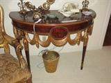 MAITLAND SMITH CONSOLE TABLE, INLAID WOODS WITH GILT CARVED DRAPERIES