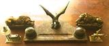 Gentlemen's Desk Accessories - Marble and Eagle Inkwell, Pair of Loin Bookends, Lighter and Winged Loin Figurine