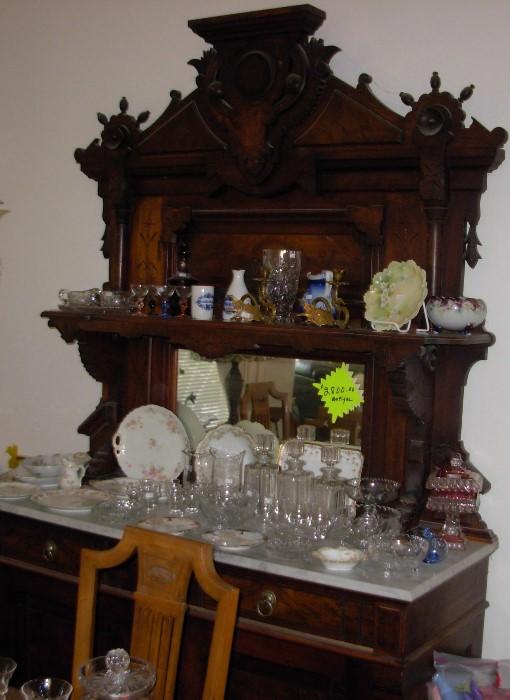 Antique sideboard..SOLD..Limoges china, cut glass crystal