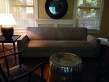 Grey chenille contemporary sofa with aluminum ottoman/coffee table