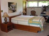 Teak BR Set includes Queen Bed with low headboard, PIllowtop mattress, Bed has drawer storage on bottom, 2 night stands, and 12 drawer dresser.
