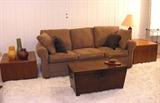 Like New Taupe Micro Fiber Sleeper Sofa. Very comfortable. Trunk Coffee Table. 