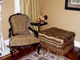 Tapestry side chair. Silk tufted ottoman with fringe