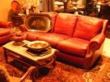 Leather Sofa, wood coffee table with marble top
