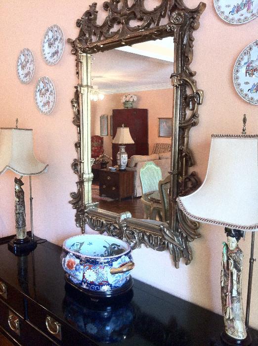           beautiful mirror and custom Asian lamps