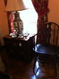           side table; cups & saucers; Windsor chair