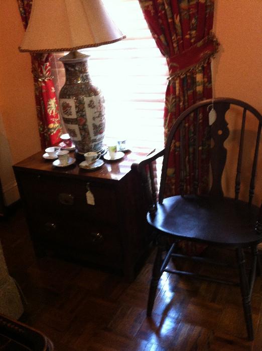           side table; cups & saucers; Windsor chair