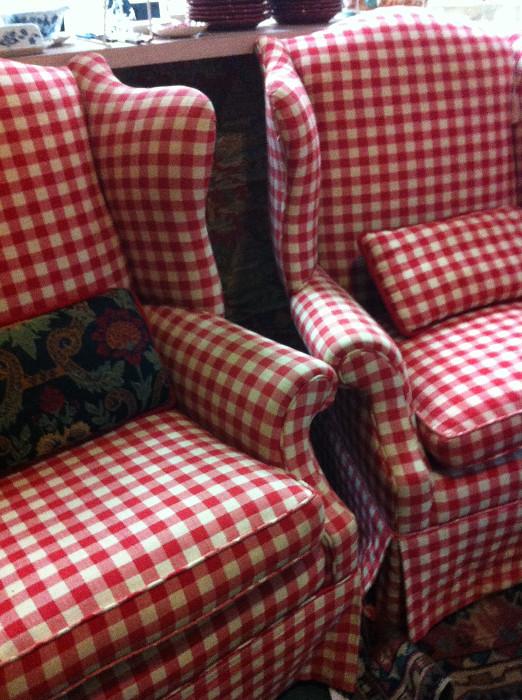             matching red & white wingback chairs