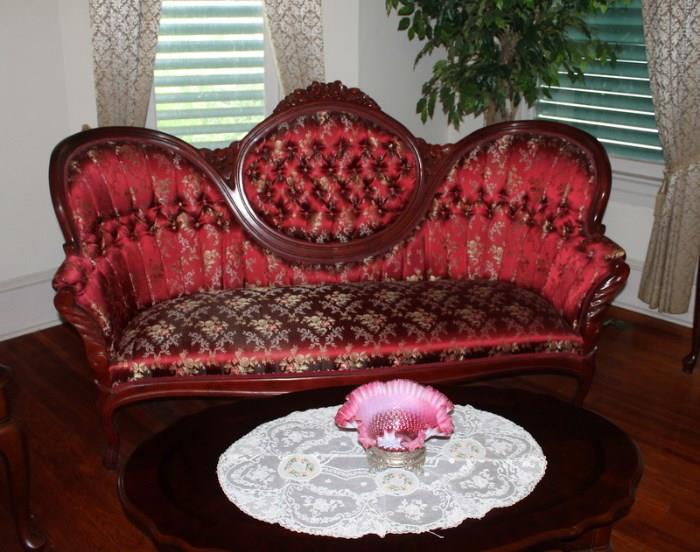 Antique reproduction Settee by Kimball, Oval Coffee  Table and Cranberry hobnail Bowl