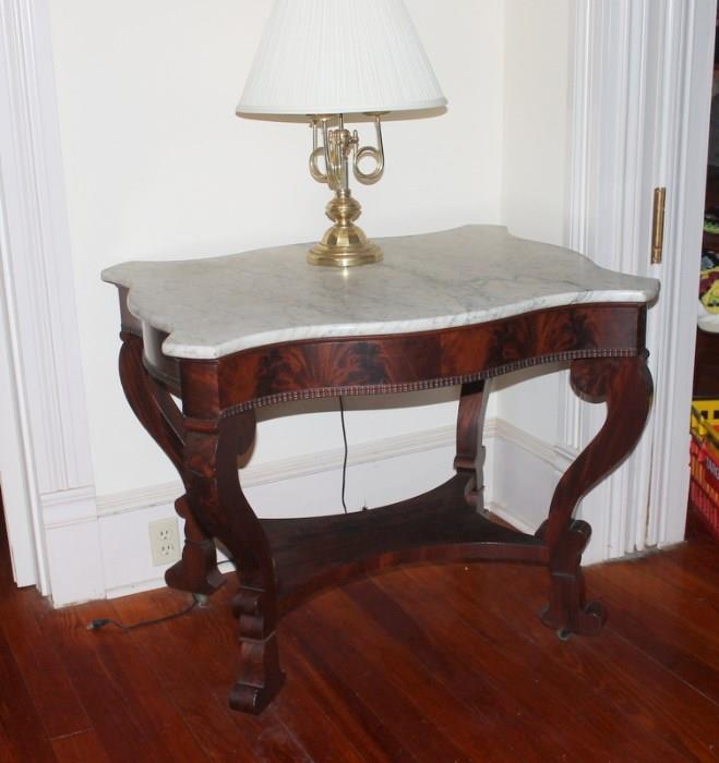 Antique Victorian Burled Wood and Marble Top Library Table
