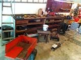 Metal Dump Trailer, Various Tools, Hand Truck, Dolly, Ladders, Tables, etc.