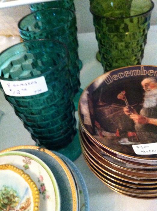            Norman Rockwell plates; colorful glassware