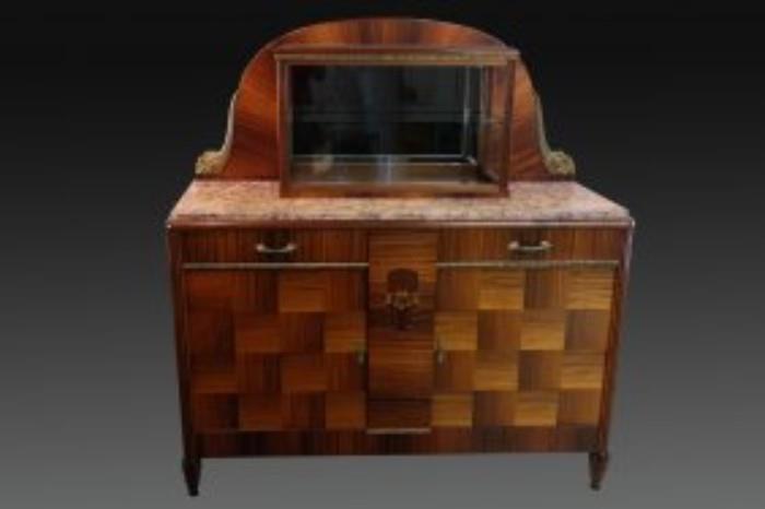 LOT 001 - French Inlaid Art Deco Credenza with beautiful Marble top. With mirrored Glass sliding door display case included. Height: 46 inches. Width: 60 inches. Depth: 20 inches. From Private estate in Longboat Key Florida.