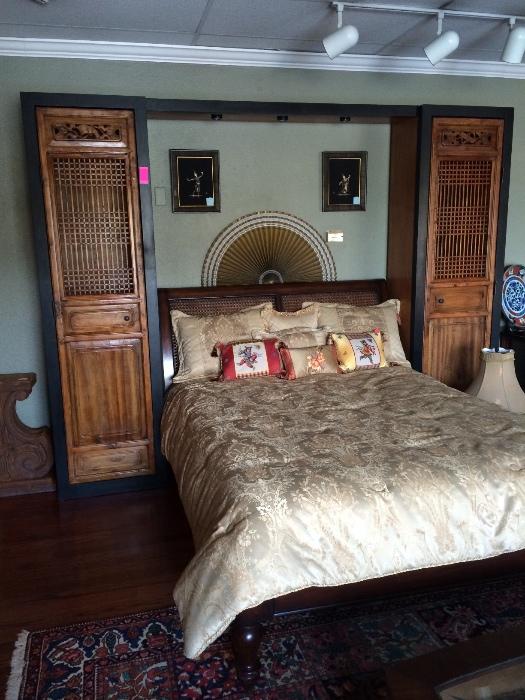 Queen Pottery Barn bed, antique doors fashioned into display with light bridge. 