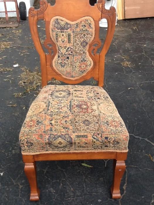 Antique high back chair with tapestry seat