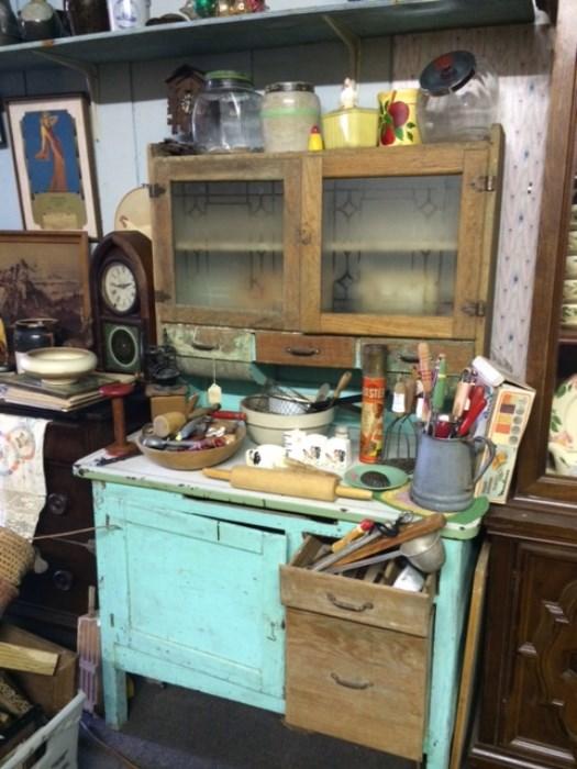 Antique Kitchen Hoosier Cabinet with Potbelly drawers.
