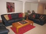 Leather sofa, leather loveseat, leather chair, coffee table, bar stools