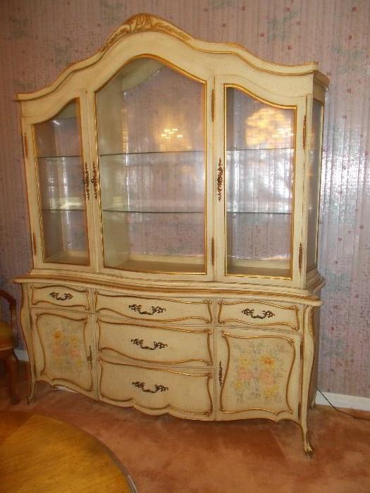 Formal China Cabinet - 3 Glass doors on Top; 2 Painted Doors/5 Drawers on Bottom -63" wide; 88" tall (at peak); 16" deep