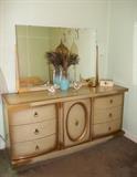 Vintage Bassett Furniture dresser with attached mirror. Ultimate Hollywood Regency with gold detailing on blonde!